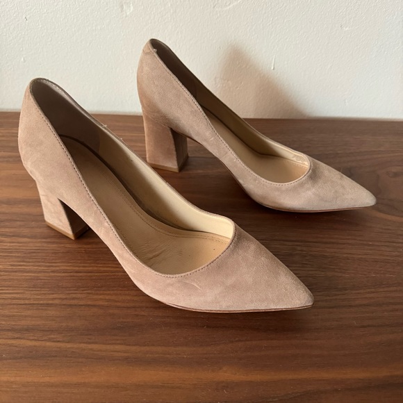Marc Fisher Shoes - Marc Fisher Block Heel Pointed Toe Pumps in Taupe Suede